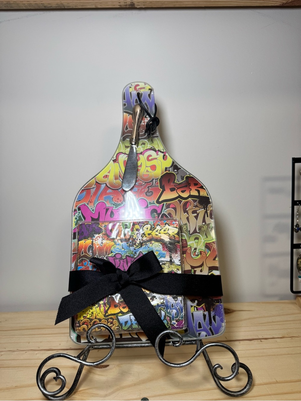 Graffiti-Print Cheese Serving Board Set with Knife and Napkins